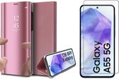 Hoesje geschikt voor Samsung Galaxy A55 - Screenprotector Glas - Spiegel Book Case Rosegoud