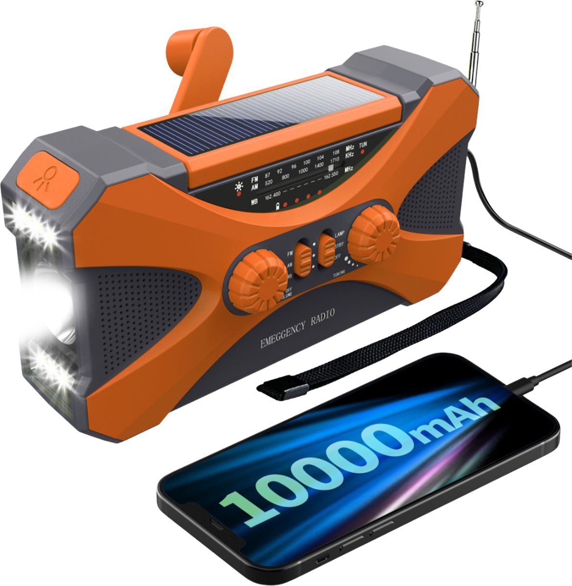 Malaworx - Noodradio met SOS-functie en Solar Opladen - Krachtige 10000 mAh Batterij - LED Zaklamp en Telefoonoplader - AM/FM/WB Radiofunctie - Draagbare Radio - Zonder Batterij