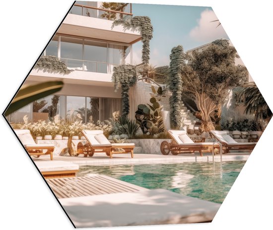 Dibond Hexagon - Hotel - Zwembad - Luxe - Lounge - Tropisch - Planten - 60x52.2 cm Foto op Hexagon (Met Ophangsysteem)
