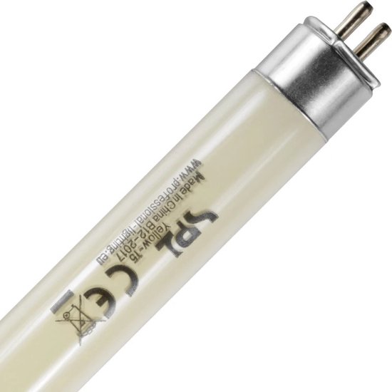 SPL TL-buis, geel, met metalen fittingen, met tekst 'SPL Yellow-75 Made in China' en CE-markering.
