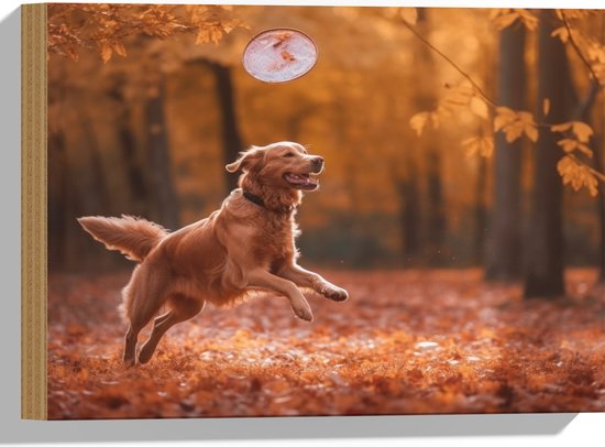 Hout - Hond - Dier - Spelen - Bos - Bladeren - Herfst - 40x30 cm - 9 mm dik - Foto op Hout (Met Ophangsysteem)