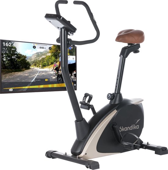 Skandika Vinneren Design Hometrainer Fiets - Hometrainers - Hometrainer fitness – Hometrainer ergometer fitnessbike met Magnetisch Remsysteem, 11kg Vliegwielmassa, 12 Trainingsprogramma's, Tablet Houder, Bluetooth en App Controle – zwart/goud