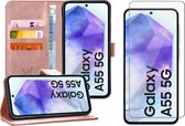 Hoesje geschikt voor Samsung Galaxy A55 - Screenprotector Glas - Portemonnee Book Case Rosegoud