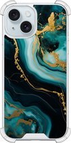 Shockproof hoesje - Geschikt voor iPhone 15 - Marmer blauw goud - Extra sterke case - TPU/polycarbonaat - Marmer - Blauw, Transparant