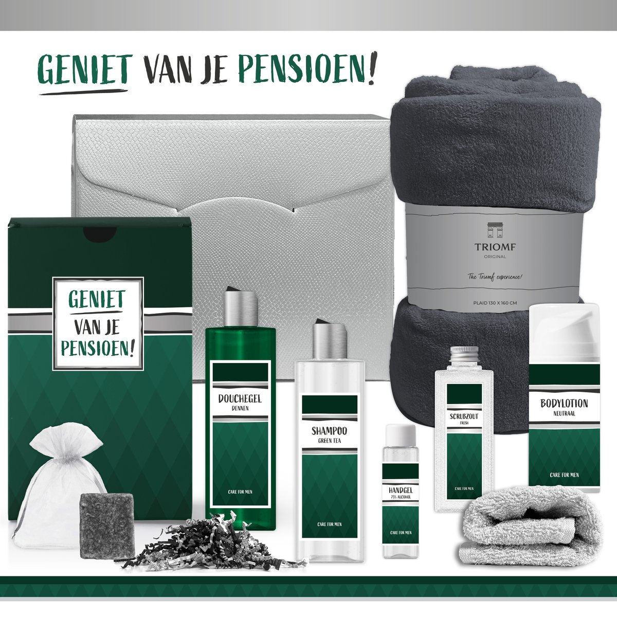 Goedkoopste Geschenkset Geniet van je pensioen! - 8 Producten - 1325 Gram | Giftset voor hem - Luxe cadeaubox man - Zilver Wellness Pakket deluxe - Fleece deken grijs - Geurblokje - Cadeau set - Gestopt met werken - Vader - Broer - Vriend - Collega - Groen