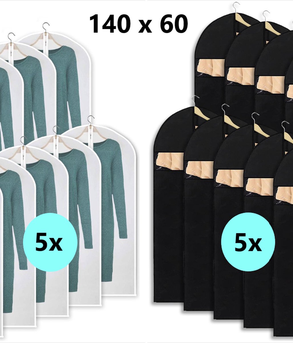 Kledinghoes 5x XL Wit en 5x XL Zwart met rits en venster - 60x140 cm