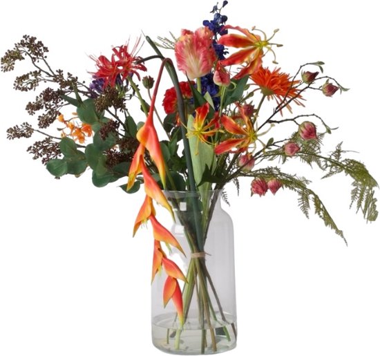 WinQ - Bouquet de Fleurs artificielles en combinaison rouge/bleu/orange - Vase inclus - Bouquet de fleurs en soie - Couleurs printanières joyeuses - Fausses fleurs - Fleurs en soie