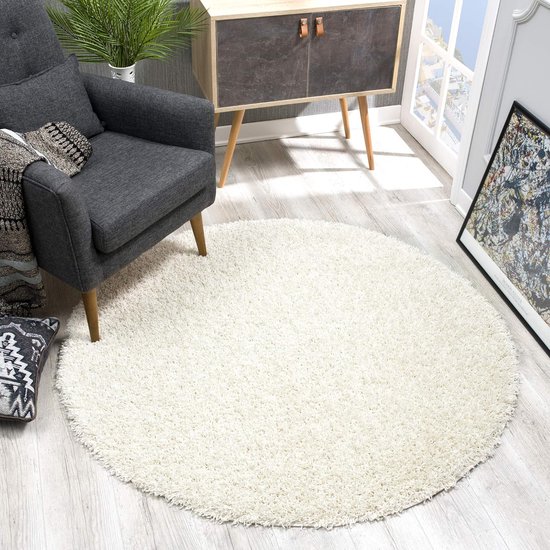 Vloerkleed rond - crème hoogpolig, langpolig modern tapijt voor woonkamer, slaapkamer, eetkamer of kinderkamer, afmetingen: 150x150 cm