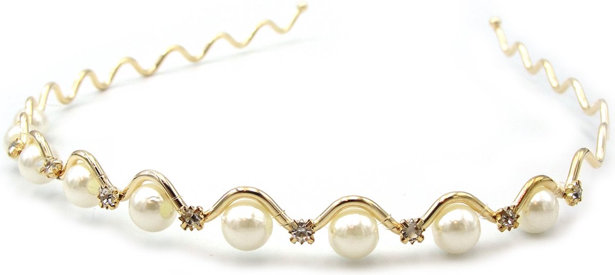 Goudkleurige diadeem met pareltjes en strass steentjes