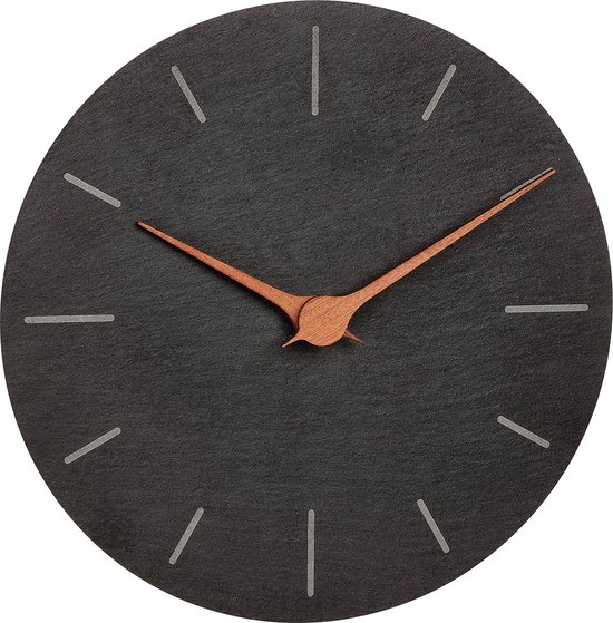 TFA Dostmann Moderne Wandklok Leisteen, 60.3068.54, zonder tikkende geluiden met notenhouten wijzers, kwartsklok, 25 cm, om op te hangen (zwart, zilveren wijzers