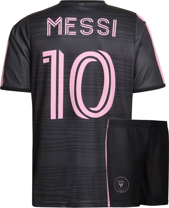 Arrière du survêtement de football noir avec 'MESSI 10' et logo du club sur le short.