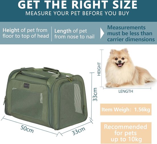 Petsfit Transportbox kat kleine honden lichte hondentas vliegtuig voor kleine honden katten transporttas hondendraagtas, draagtas hond vliegtas met veiligheidsriem en uitbreidbare mat, S/kaki