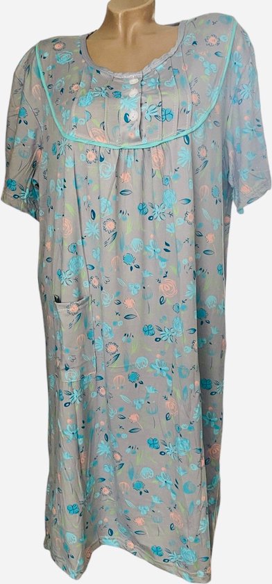 Dames nachthemd korte mouwen 6535 bloemenprint XL grijs/turqoise