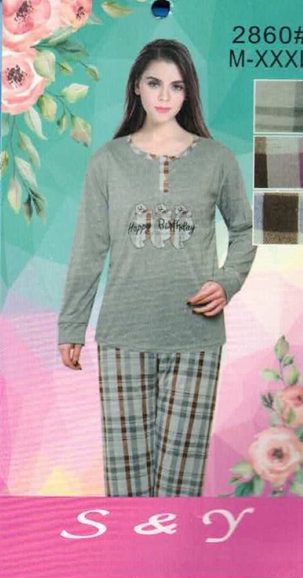 Dames Luxe Pyjama | 2-delige Set | Lange Mouwen | Pyama Dames Volwassenen | Poesjes| Happy Birthday | Katoen | Pyjama Dames | Maat XXL/ Blauw/roze/grijs Merk: Merkloos
