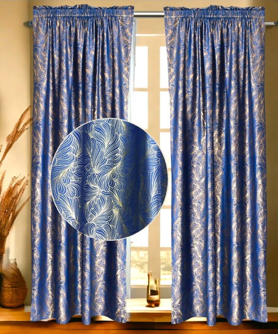 Verduisterende Gordijn van hoge kwaliteit Fluweel – Kant en klaar Blauw kleur curtains met bloem ontwerp - 140x250 cm -Inclusief gordijnhaken voor Gordijnen rail + heb ook optie voor Gordijnen Buis
