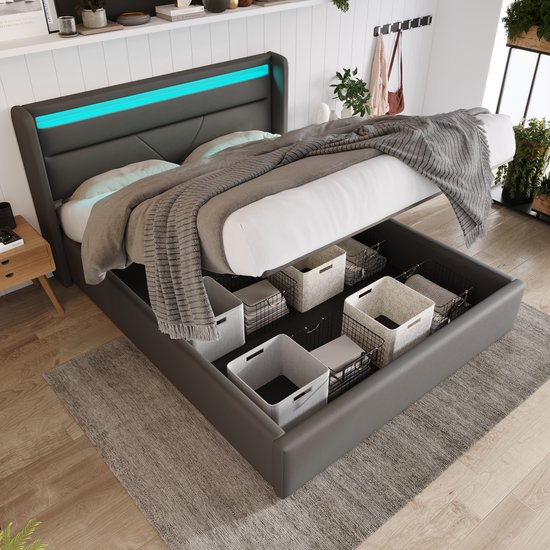 Sweiko Hydraulisch opbergbed met LED-verlichtingsstrip, Tweepersoonsbed Bedframe Gestoffeerd bed 160x200cm, Functioneel bed, Grijs