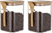 2 pots de stockage carrés en Verres avec Couvercles en Bamboe et cuillère, pot de stockage scellé, boîte transparente, réservoir à grains, canettes pour Grains de café, sucre, herbes et épices (1000 ml)