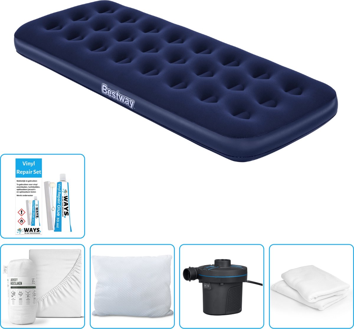 Bestway luchtbed - 1-Persoons - 76 x 185 x 22 cm - Blauw - Inclusief Hoeslaken - Kussen - Kussenbeschermer - Pomp en Reparatieset