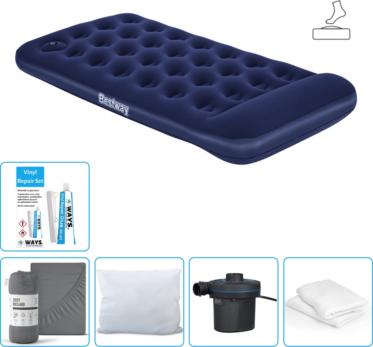 Bestway luchtbed - 1-Persoons - 99 x 188 x 28 cm - Blauw - Inclusief pomp - Hoeslaken - Kussen - Kussenbeschermer - Pomp en Reparatieset
