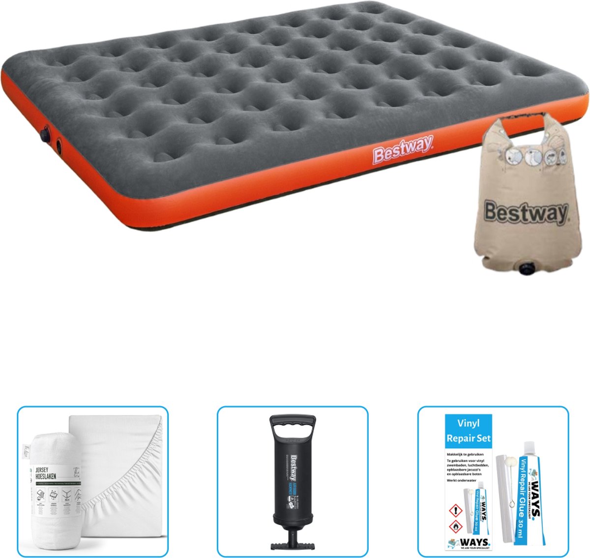 Bestway luchtbed - 2-Persoons - 152 x 203 x 22 cm - Grijs/Oranje - Inclusief Hoeslaken - Pomp en Reparatieset