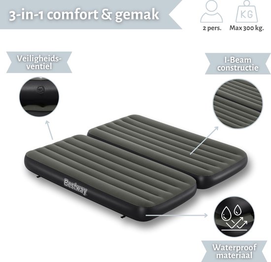 Matelas pneumatique Bestway - 3 en 1 - 1 personne - 2 personnes - 99 x 188 x 25 cm - Vert - Comprend Hoeslaken - Pompe et kit de réparation