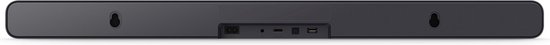 Achterkant van een donkergrijze soundbar met aansluitingen en USB-poorten.