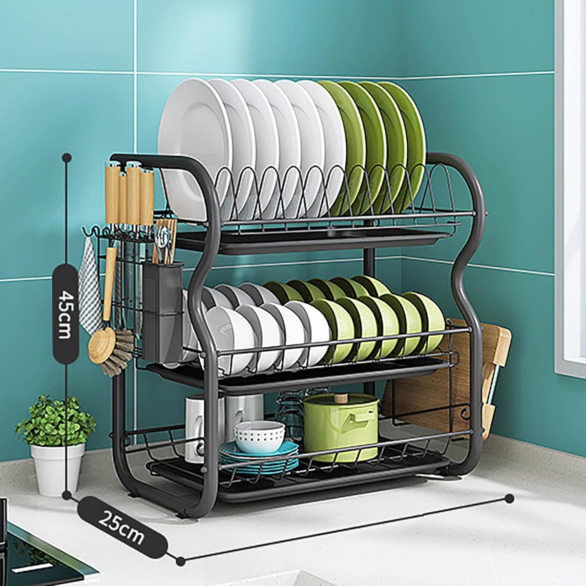 Goedkoopste afdruiprek roestvrij staal - afdruiprek schotel zwart met lekbak, afdruiprek, afdruiprek met snijplankstandaard, bekerhouder, bestekhouder