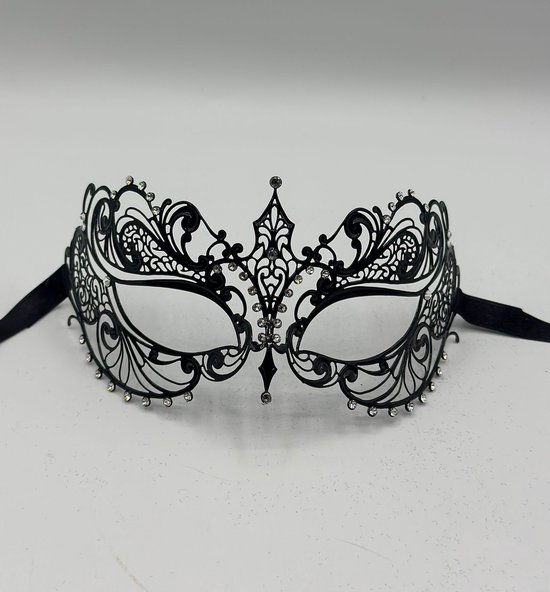 Masque vénitien pour femme - élégant masque en métal noir avec strass scintillants - Masque de bal masqué laseré à la main
