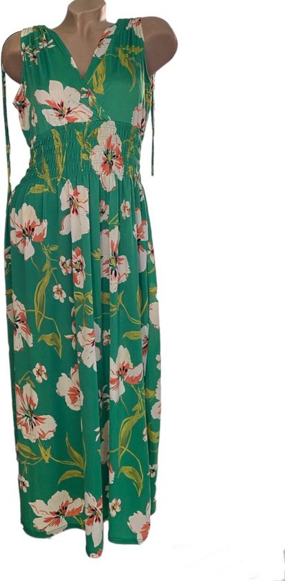 Dames maxi jurk met bloemenprint S/M (36-40) Groen/wit/roze