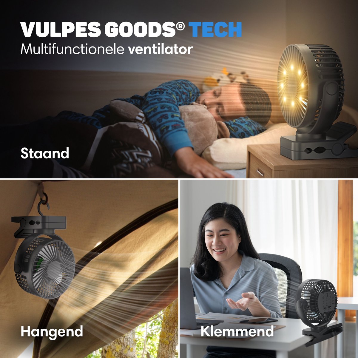 Vulpes Goods® Tech - Mini USB Ventilator PRO - Oplaadbare Tafelventilator - Stille Mini Fan met Afstandsbediening - Handventilator - Klein, Stil & Geruisloos - 3 Snelheden & Verlichting - 12000 mAh & Powerbank functie - Premium Zwart — afbeelding 5