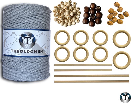 Macramé Pakket | 200 meter | Incl. Handleiding | Lichtgrijs | Starter Set | Ringen | Kralen |Stokken | Macramé Touw | 3mm | 100% Katoen | Macramé | Decoratie | DIY | Doe Het Zelf | Wandkleed | Dromenvanger | Plantenhanger | Tassen | TheOldOmen |