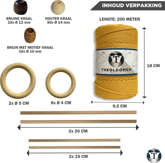 Macramé Pakket | 200 meter | Incl. Handleiding | Oker | Starter Set | Ringen | Kralen |Stokken | Macramé Touw | 3mm | 100% Katoen | Macramé | Decoratie | DIY | Doe Het Zelf | Wandkleed | Dromenvanger | Plantenhanger | Tassen | TheOldOmen |