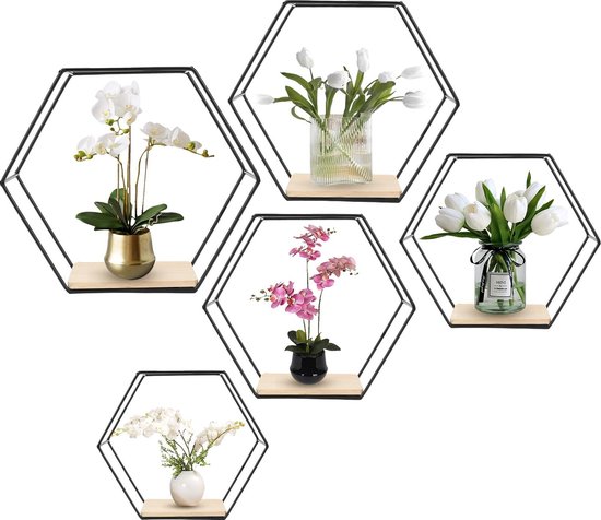 Walasis Hexagon Wandrek, zwart, metaal, wanddecoratie, set van 4, wandrek, wanddecoratie, esthetisch, zwevend rek, plantenrek voor woonkamer, slaapkamer, kamer, hal (natuur Walasis Hexagon Wandrek, zwart, metaal, wanddecoratie, set van 4, wandrek, wanddecoratie, esthetisch, zwevend rek, plantenrek voor woonkamer, slaapkamer, kamer, hal (natuur