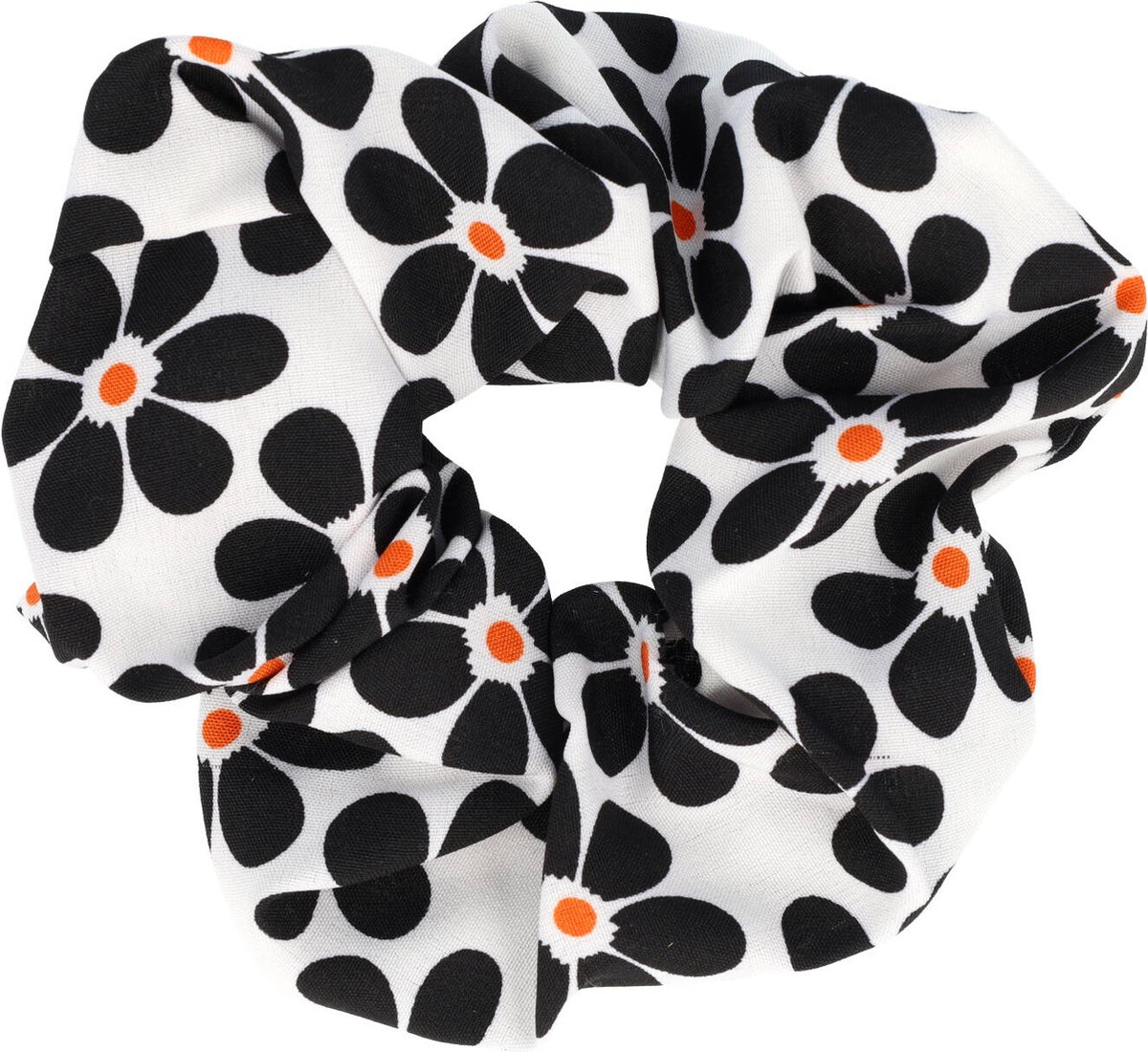 Haarsoires Scrunchie Haarelastiek Bloemen Patroon Wit Zwart Haar Krinkel Elastiek Hair Flower