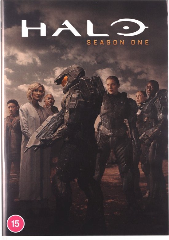 Halo Seizoen Een DVD-hoes met een groep soldaten in gevechtstenue en een vrouw in een wit jasje.