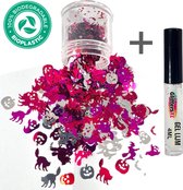 Halloween Decoratie Chunky Glitters (Roze/Wit/Paars) (Volume 8g) + Glitter Huid Lijm [outfit versiering kostuum kinderen volwassenen - schotwond hechting scar heks bloed zombie wond mes spin clown - Biologisch Afbreekbaar Eco]