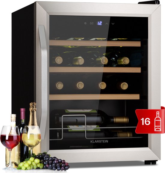 Klarstein Weinkühlschrank, Getränkekühlschrank Schmal, Kühlschrank met Glastür, Getränkekühlschränke Freistehend, Weinkühlschrank Klein, Weinkühlschränke 1 Zone, UV Schutz, 5 18 °C, 16 Flaschen – geschikt voor thuisfitness en sportschoolgebruik, duur