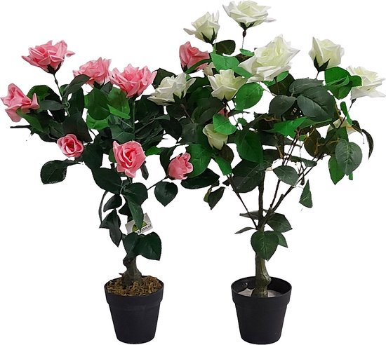 Kunst Rozenplant Met Witte Bloemen | 75cm - Namaak rozenplant - Kunstplanten voor binnen - Kunstplant rozenplant