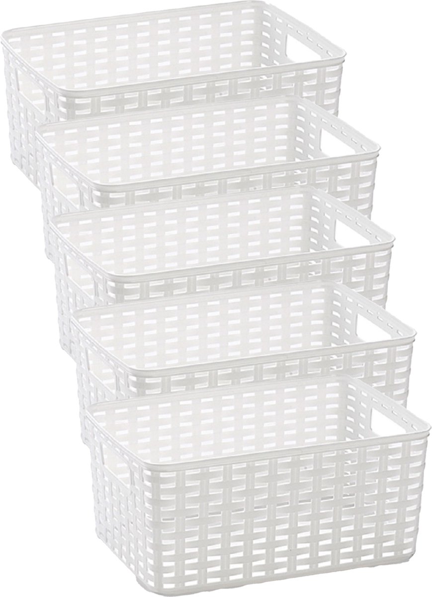 Plasticforte Opbergmand - 5x - Kastmand - rotan kunststof - wit - 6 Liter - 19 x 29 x 13 cm