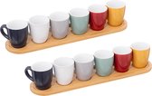 Espresso/koffie kopjes set - 12x - met bamboe plankjes - aardewerk kopjes - 90ml - diverse kleuren