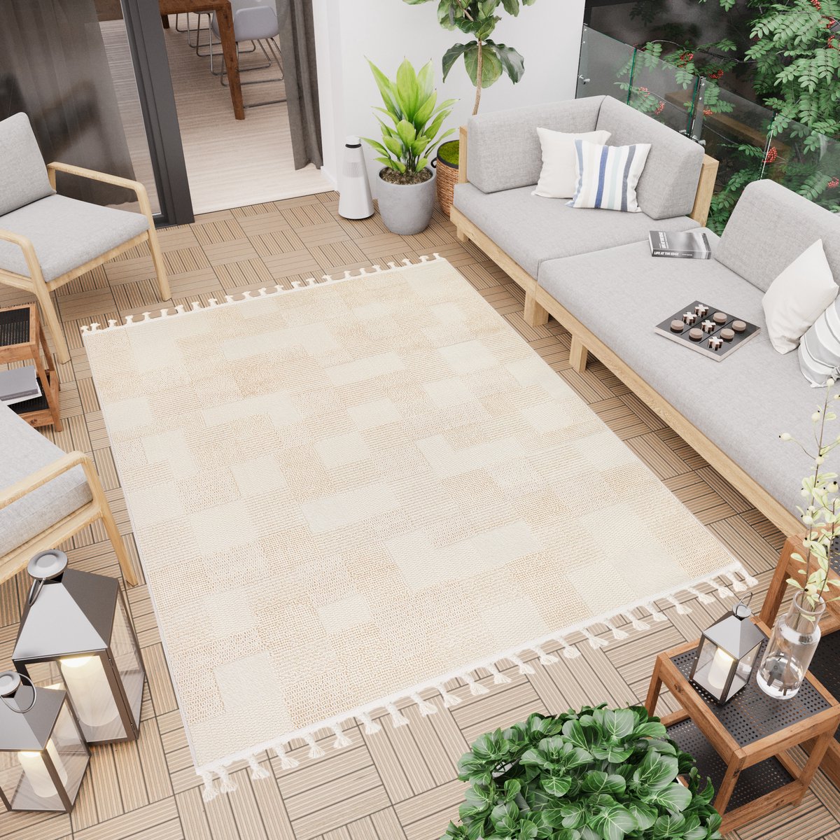 Tapiso Rio Loop Vloerkleed Outdoor Beige Buiten Modern Terras Tuin Franjes Maat- 80x150