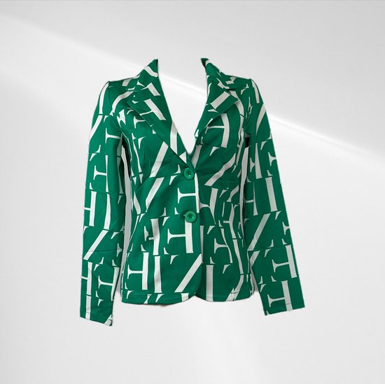 Angelle Milan - Casual blazer - Groen met witte letters - Travelstof - Maat L - In 5 maten verkrijgbaar