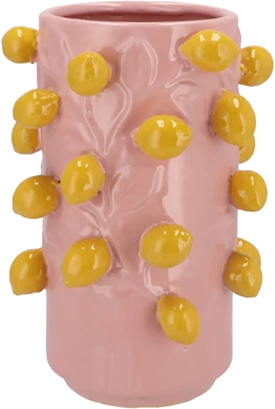 Viv! Home Luxuries vaas - Fruit - Citroenen - Aardewerk - cilinder - roze geel- 31cm