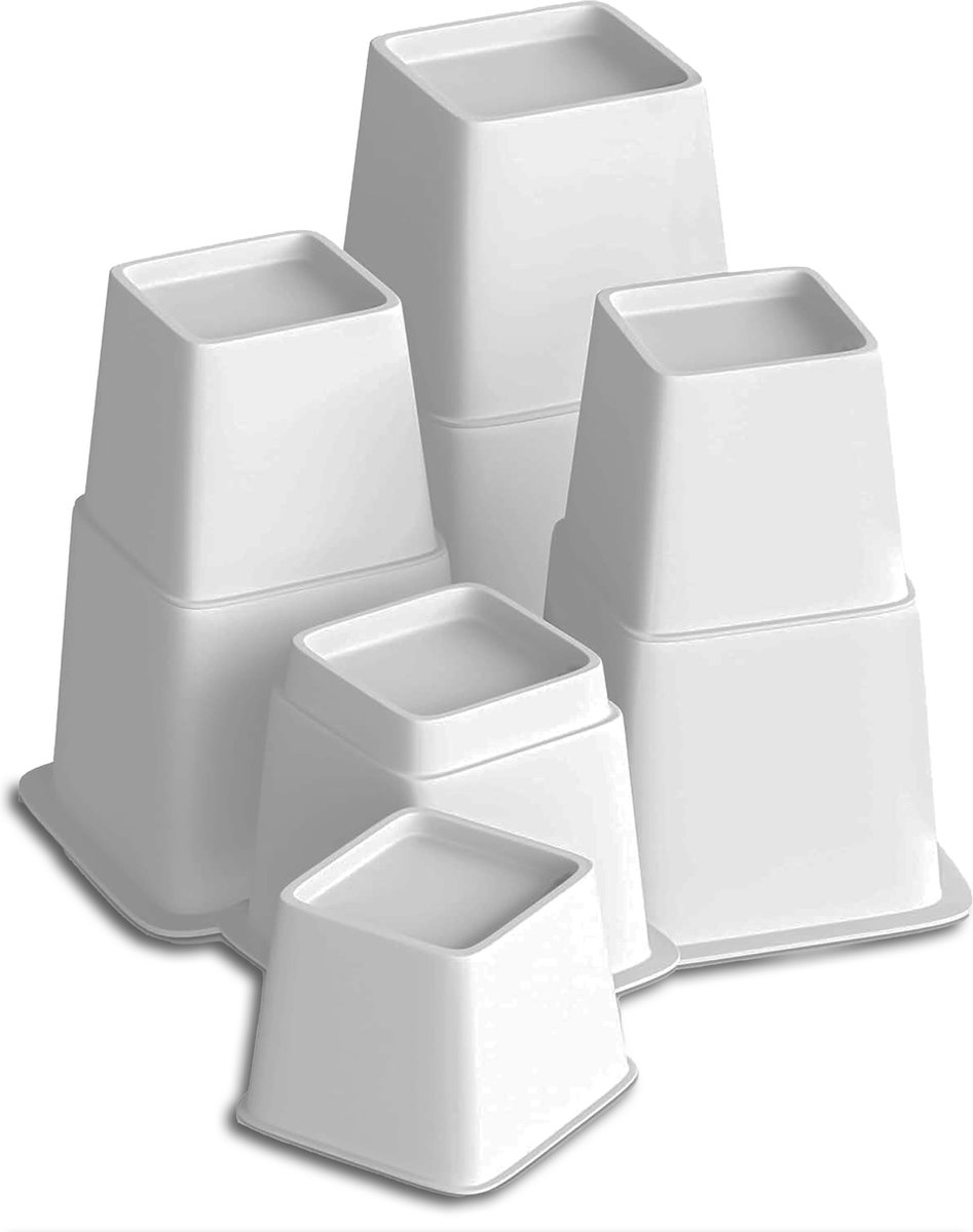 Goedkoopste Meubelverhogers - Set van 8 hoogwaardige verstelbare 8, 13 en 21 cm meubelverhogers - 4 hoog en 4 kort - Wit - sterke ruimtebesparende verhoger - bedverhoger, tafelverhoger, stoelverhoger, bankverhoger Verstelbaar 8, 13 en 21 cm