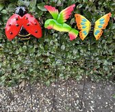 Metalen deco tuinstekers " Lieveheersbeestje/vlinder/vogel" - Set van 3 stuks - meerkleurig - hoogte 60 x 14 x 1 cm - Tuinaccessoires - Tuindecoratie – Tuinstekers