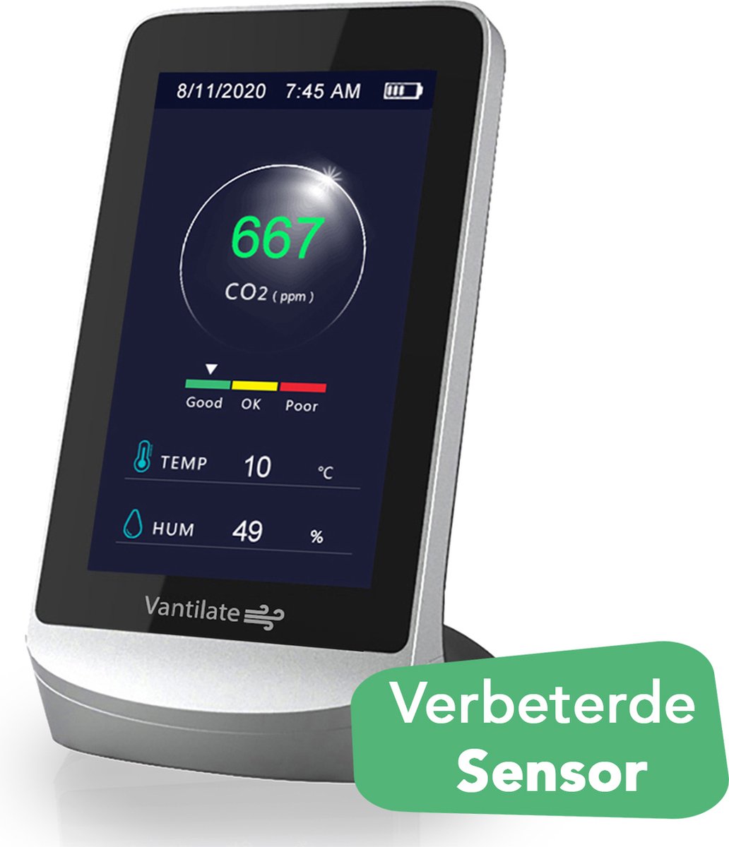 VANTILATE CO2 Meter Binnen - CO2 Meter Horeca Met Alarm - CO2 Melder NDIR Sensor - Luchtkwaliteitsmeters Monitor - Temperatuurmeter - VANTILATE