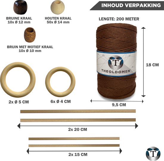 Macramé Pakket | 200 METER | Incl. Handleiding | Bruin | Starter Set | Ringen | Kralen |Stokken | Macramé Touw | 3mm | 100% Katoen | Macramé | Decoratie | DIY | Doe Het Zelf | Wandkleed | Dromenvanger | Plantenhanger | Tassen | TheOldOmen |
