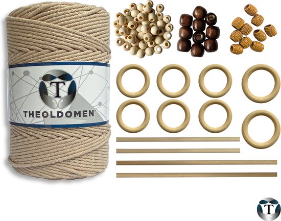 Macramé Pakket | 200 METER | Incl. Handleiding | Earth | Starter Set | Ringen | Kralen |Stokken | Macramé Touw | 3mm | 100% Katoen | Macramé | Decoratie | DIY | Doe Het Zelf | Wandkleed | Dromenvanger | Plantenhanger | Tassen | TheOldOmen |