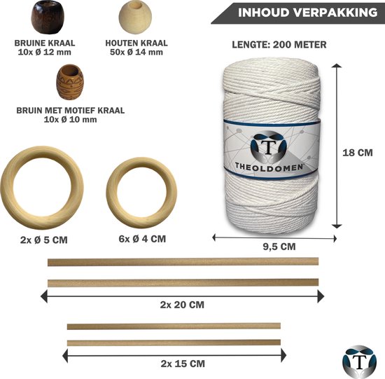 Macramé Pakket | 200 METER | Incl. Handleiding | Wit | Starter Set | Ringen | Kralen |Stokken | Macramé Touw | 3mm | 100% Katoen | Macramé | Decoratie | DIY | Doe Het Zelf | Wandkleed | Dromenvanger | Plantenhanger | Tassen | TheOldOmen |