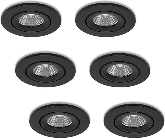 Ledisons LED-inbouwspot Midi set 6 stuks zwart dimbaar - 62 mm - 5 jaar garantie - 3000K (warm-wit) - 270 lumen - 3 Watt - IP54